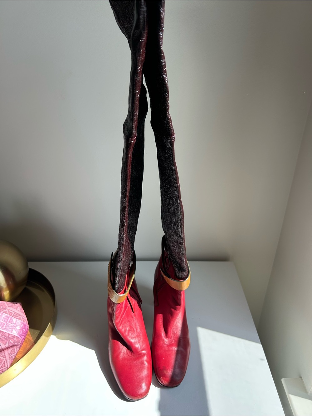 Stuart Weitzman Red Brown Patent Leather Belted Knee-High Boots